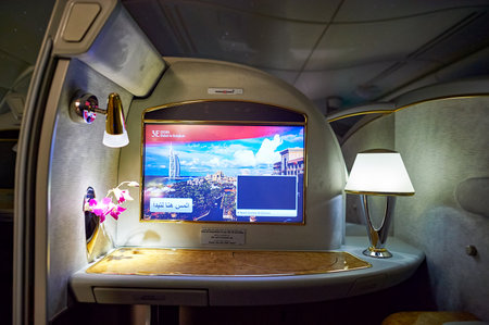 DUBAI, UAE - MARCH 31, 2015: interior of Emirates Airbus A380. Emirates is one of two flag carriers of the United Arab Emirates along with Etihad Airways and is based in Dubai.のeditorial素材