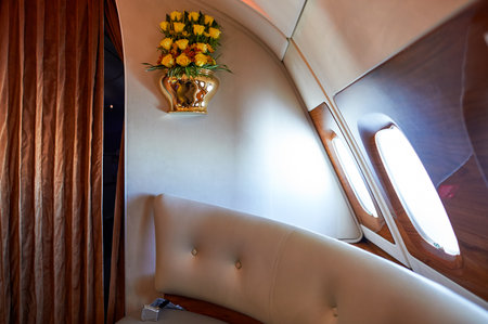 DUBAI, UAE - MARCH 31, 2015: interior of Emirates Airbus A380. Emirates is one of two flag carriers of the United Arab Emirates along with Etihad Airways and is based in Dubai.のeditorial素材