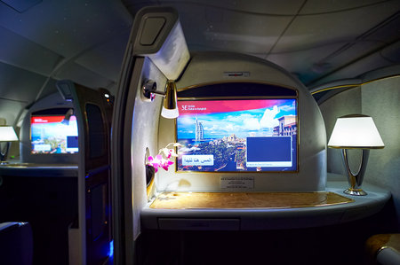 DUBAI, UAE - MARCH 31, 2015: interior of Emirates Airbus A380. Emirates is one of two flag carriers of the United Arab Emirates along with Etihad Airways and is based in Dubai.のeditorial素材