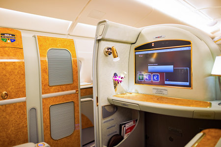 DUBAI, UAE - MARCH 31, 2015: interior of Emirates Airbus A380. Emirates is one of two flag carriers...