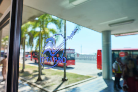 PATTAYA, THAILAND - FEBRUARY 26, 2016: close up shot of U-Tapao International Airport sign. U-Tapao Rayong-Pattaya International Airport is a joint civil-military public airport serving Rayong and Pattaya cities in Thailand.のeditorial素材