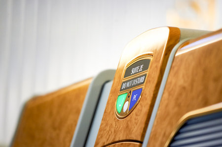 BANGKOK, THAILAND - MARCH 31, 2015: interior details of Emirates Airbus A380. Emirates is one of two flag carriers of the United Arab Emirates along with Etihad Airways and is based in Dubai.のeditorial素材