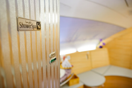 BANGKOK, THAILAND - MARCH 31, 2015: interior of Emirates Airbus A380. Emirates is one of two flag carriers of the United Arab Emirates along with Etihad Airways and is based in Dubai.のeditorial素材