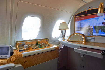 BANGKOK, THAILAND - MARCH 31, 2015: interior of Emirates Airbus A380. Emirates is one of two flag carriers of the United Arab Emirates along with Etihad Airways and is based in Dubai.のeditorial素材