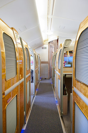 BANGKOK, THAILAND - MARCH 31, 2015: interior of Emirates Airbus A380. Emirates is one of two flag carriers of the United Arab Emirates along with Etihad Airways and is based in Dubai.のeditorial素材