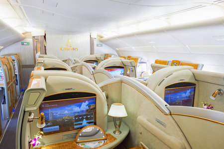 BANGKOK, THAILAND - MARCH 31, 2015: interior of Emirates Airbus A380. Emirates is one of two flag...