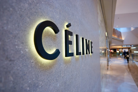 HONG KONG - JANUARY 26, 2016: Celine logo on the wall at Elements Shopping Mall. Celine is a French ready-to-wear and leather luxury goods brandのeditorial素材