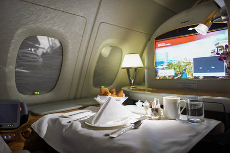 DUBAI, UAE - MARCH 31, 2015: interior of Emirates Airbus A380. Emirates is one of two flag carriers...