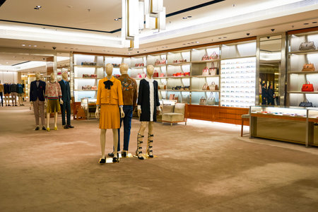 HONG KONG - JANUARY 27, 2016: interior of Gucci store at Elements Shopping Mall. Gucci is a luxury Italian fashion and leather goods brand, part of the Gucci Groupのeditorial素材