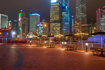 HONG KONG - JANUARY 25, 2016: area around Ferris Wheel in Hong Kong at night. The Hong Kong Observation Wheel is located in Central, Hong Kong.のeditorial素材