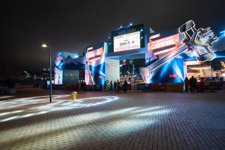 HONG KONG - JANUARY 25, 2016: area around Ferris Wheel in Hong Kong at night. The Hong Kong Observation Wheel is located in Central, Hong Kong.のeditorial素材