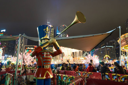 HONG KONG - JANUARY 25, 2016: area around Ferris Wheel in Hong Kong at night. The Hong Kong Observation Wheel is located in Central, Hong Kong.のeditorial素材