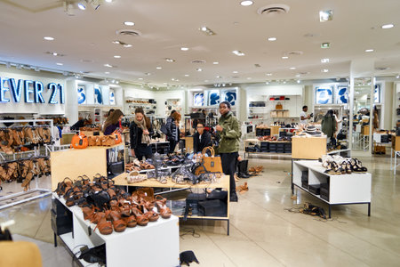 NEW YORK - MARCH 19, 2016: inside of Forever 21 in New-York. Forever 21 is an American chain of fast...