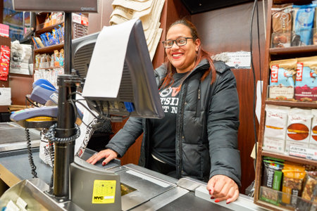 NEW YORK - CIRCA MARCH 2016:  cashier in West Side Market.  West Side Market is a supermarket at Broadway, New Yorkのeditorial素材