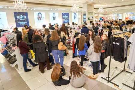 NEW YORK - MARCH 19, 2016: inside of Forever 21 in New-York. Forever 21 is an American chain of fast...