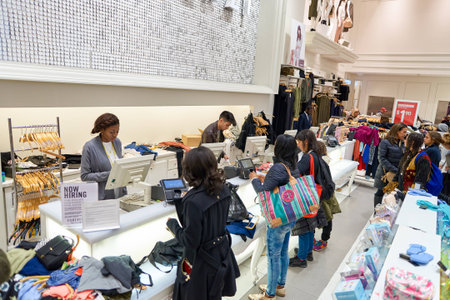 NEW YORK - MARCH 19, 2016: inside of Forever 21 in New-York. Forever 21 is an American chain of fast fashion retailers with its headquarters in Los Angeles.のeditorial素材
