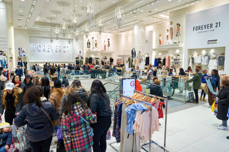 NEW YORK - MARCH 19, 2016: inside of Forever 21 in New-York. Forever 21 is an American chain of fast...