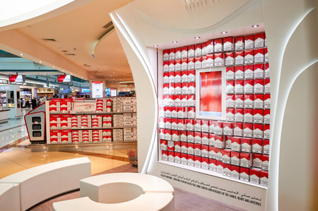 DUBAI, UAE - MARCH 10, 2015: The Dubai duty-free shopping area interior. Dubai International Airport is the primary airport serving Dubai, United Arab Emiratesのeditorial素材
