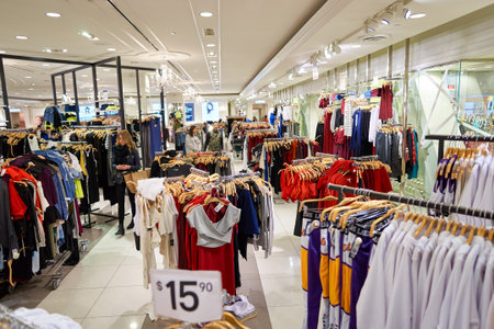 NEW YORK - MARCH 19, 2016: inside of Forever 21 in New-York. Forever 21 is an American chain of fast fashion retailers with its headquarters in Los Angeles.のeditorial素材
