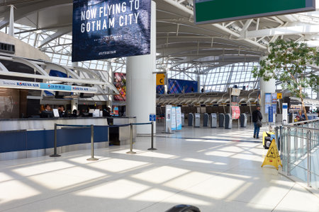 NEW YORK - MARCH 22, 2016: inside of JFK airport. John F. Kennedy International Airport is a major international airport located in Queens, New York City, United States.のeditorial素材