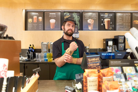 CHICAGO, IL - CIRCA MARCH, 2016: inside of Starbucks Cafe. Starbucks Corporation is an American global coffee company and coffeehouse chain based in Seattle, Washingtonのeditorial素材