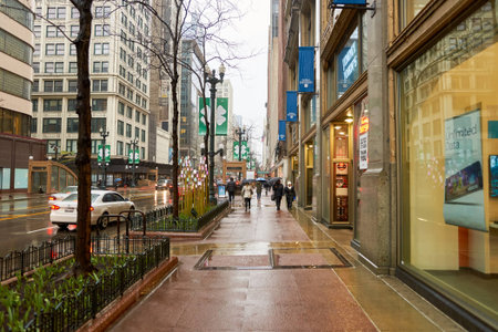 CHICAGO, IL - CIRCA MARCH, 2016: streets of Chicago at daytime. Chicago, colloquially known as the "Windy City", is the third most populous city in the USA, following New York City and Los Angelesのeditorial素材