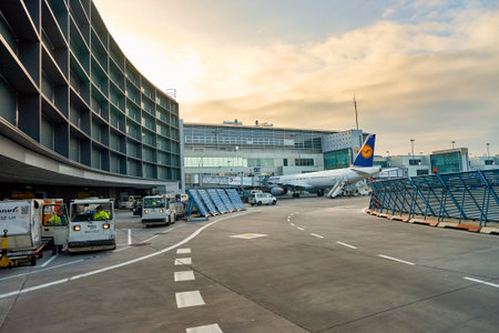 FRANKFURT, GERMANY - MARCH 13, 2016: view of Frankfurt Airport in the morning. Frankfurt Airport is a major international airport located in Frankfurt and the major hub for Lufthansaのeditorial素材