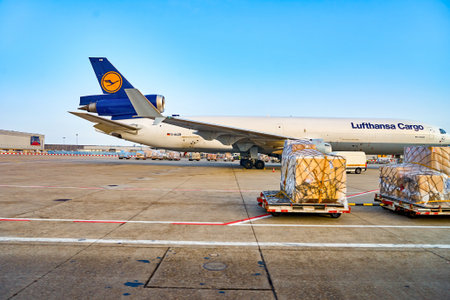 FRANKFURT, GERMANY - MARCH 13, 2016: view of Frankfurt Airport in the morning. Frankfurt Airport is a major international airport located in Frankfurt and the major hub for Lufthansaのeditorial素材