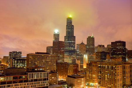 CHICAGO, IL - MARCH 27, 2016: view of The Willis Tower at night. The Willis Tower, built and still commonly referred to as Sears Tower, is a 108-story, 1,451-foot skyscraper in Chicago.のeditorial素材