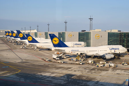 FRANKFURT, GERMANY - MARCH 13, 2016: view of Frankfurt Airport in the morning. Frankfurt Airport is a major international airport located in Frankfurt and the major hub for Lufthansaのeditorial素材