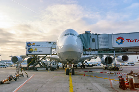 FRANKFURT, GERMANY - CIRCA MARCH 2016: Lufthansa Airbus A380 docked in Frankfurt Airport. Frankfurt...