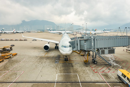 HONG KONG - MARCH 08, 2016: view from Hong Kong International Airport terminal. Hong Kong International Airport is the main airport in Hong Kongのeditorial素材
