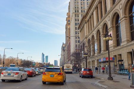 CHICAGO, IL - CIRCA MARCH, 2016: streets of Chicago at daytime. Chicago, colloquially known as the "Windy City", is the third most populous city in the USA, following New York City and Los Angelesのeditorial素材