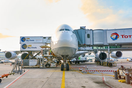 FRANKFURT, GERMANY - CIRCA MARCH 2016: Lufthansa Airbus A380 docked in Frankfurt Airport. Frankfurt Airport is a major international airport located in Frankfurtのeditorial素材