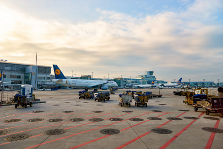FRANKFURT, GERMANY - MARCH 13, 2016: view of Frankfurt Airport in the morning. Frankfurt Airport is a major international airport located in Frankfurt and the major hub for Lufthansaのeditorial素材