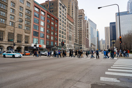 CHICAGO, IL - CIRCA MARCH, 2016: streets of Chicago at daytime. Chicago, colloquially known as the "Windy City", is the third most populous city in the USA, following New York City and Los Angelesのeditorial素材