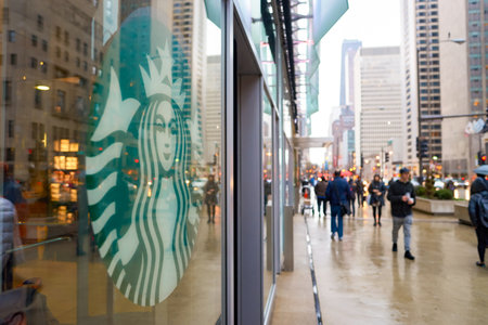 CHICAGO, IL - CIRCA APRIL, 2016: exterior of Starbucks Cafe. Starbucks Corporation is an American global coffee company and coffeehouse chain based in Seattle, Washingtonのeditorial素材