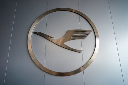 FRANKFURT, GERMANY - MARCH 13, 2016: close up shot of Lufthansa logo. Deutsche Lufthansa AG,...