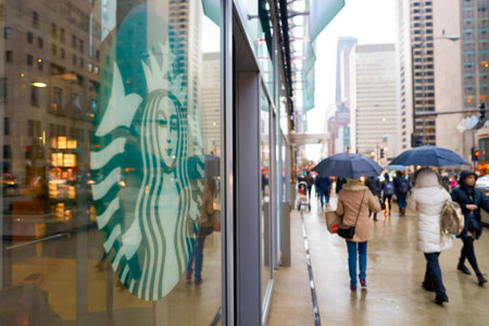 CHICAGO, IL - CIRCA APRIL, 2016: exterior of Starbucks Cafe. Starbucks Corporation is an American global coffee company and coffeehouse chain based in Seattle, Washingtonのeditorial素材