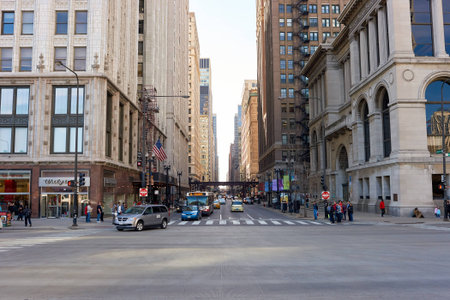 CHICAGO, IL - CIRCA MARCH, 2016: streets of Chicago at daytime. Chicago, colloquially known as the "Windy City", is the third most populous city in the USA, following New York City and Los Angelesのeditorial素材