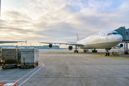 FRANKFURT, GERMANY - CIRCA MARCH 2016: Lufthansa Airbus A340-300 docked in Frankfurt Airport. Frankfurt Airport is a major international airport located in Frankfurtのeditorial素材