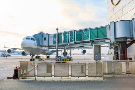 FRANKFURT, GERMANY - CIRCA MARCH 2016: Lufthansa Airbus A340-300 docked in Frankfurt Airport....