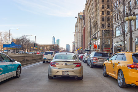 CHICAGO, IL - CIRCA MARCH, 2016: streets of Chicago at daytime. Chicago, colloquially known as the "Windy City", is the third most populous city in the USA, following New York City and Los Angelesのeditorial素材