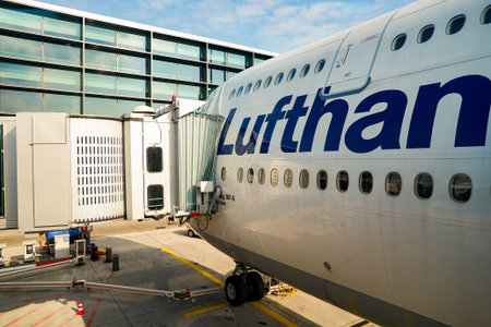 FRANKFURT, GERMANY - MARCH 13, 2016: Boeing 747-8 in Frankfurt Airport. Frankfurt Airport is a major international airport located in Frankfurt and the major hub for Lufthansaのeditorial素材
