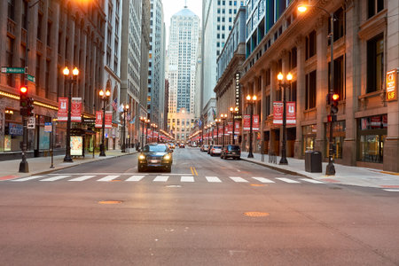 CHICAGO, IL - CIRCA APRIL, 2016: streets of Chicago at evening. Chicago, colloquially known as the "Windy City", is the third most populous city in the USA, following New York and Los Angelesのeditorial素材