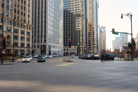 CHICAGO, IL - CIRCA APRIL, 2016: streets of Chicago at daytime. Chicago, colloquially known as the "Windy City", is the third most populous city in the USA, following New York and Los Angelesのeditorial素材