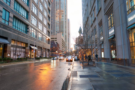 CHICAGO, IL - CIRCA APRIL, 2016: streets of Chicago at evening. Chicago, colloquially known as the "Windy City", is the third most populous city in the USA, following New York and Los Angelesのeditorial素材
