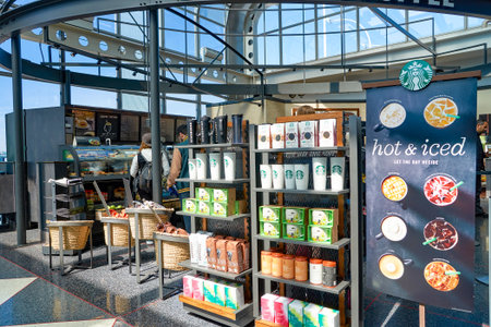 CHICAGO, IL - CIRCA APRIL, 2016: Starbucks Cafe at O'Hare Airport. Starbucks Corporation is an American global coffee company and coffeehouse chain based in Seattle, Washingtonのeditorial素材