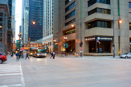 CHICAGO, IL - CIRCA APRIL, 2016: streets of Chicago at evening. Chicago, colloquially known as the "Windy City", is the third most populous city in the USA, following New York and Los Angelesのeditorial素材