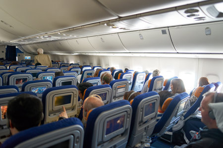 FRANKFURT, GERMANY - MARCH 13, 2016: inside of Lufthansa Boeing 747-8.  Deutsche Lufthansa AG,...